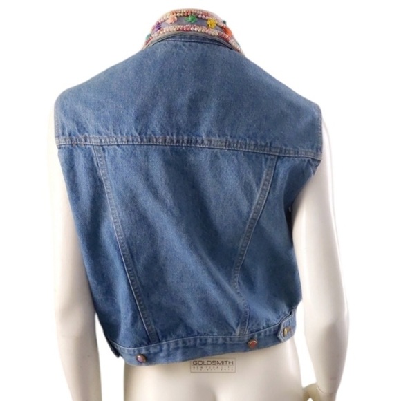 Vintage JouJou 80s 90s Rainbow Candy Look Sequin Beaded Collar Denim Vest ML - Picture 5 of 11